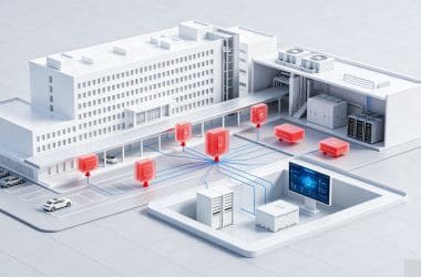 Smart building network with IoT devices and data center.
